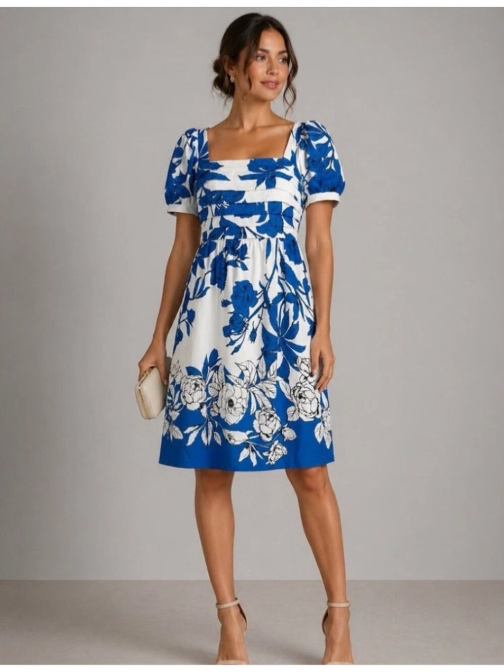 Adrianna Papell Floral Smocked Midi Dress Ivory & Blue Square Neckline